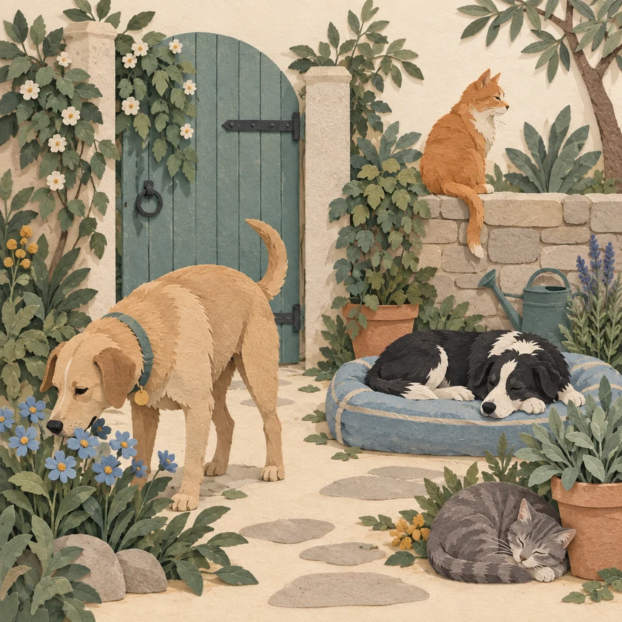 Layered paper-cut dogs and cats relaxing in a shelter garden