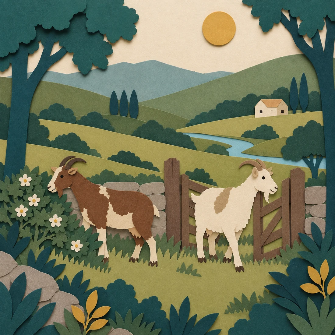 Paper-cut farm animals enjoying a peaceful sanctuary