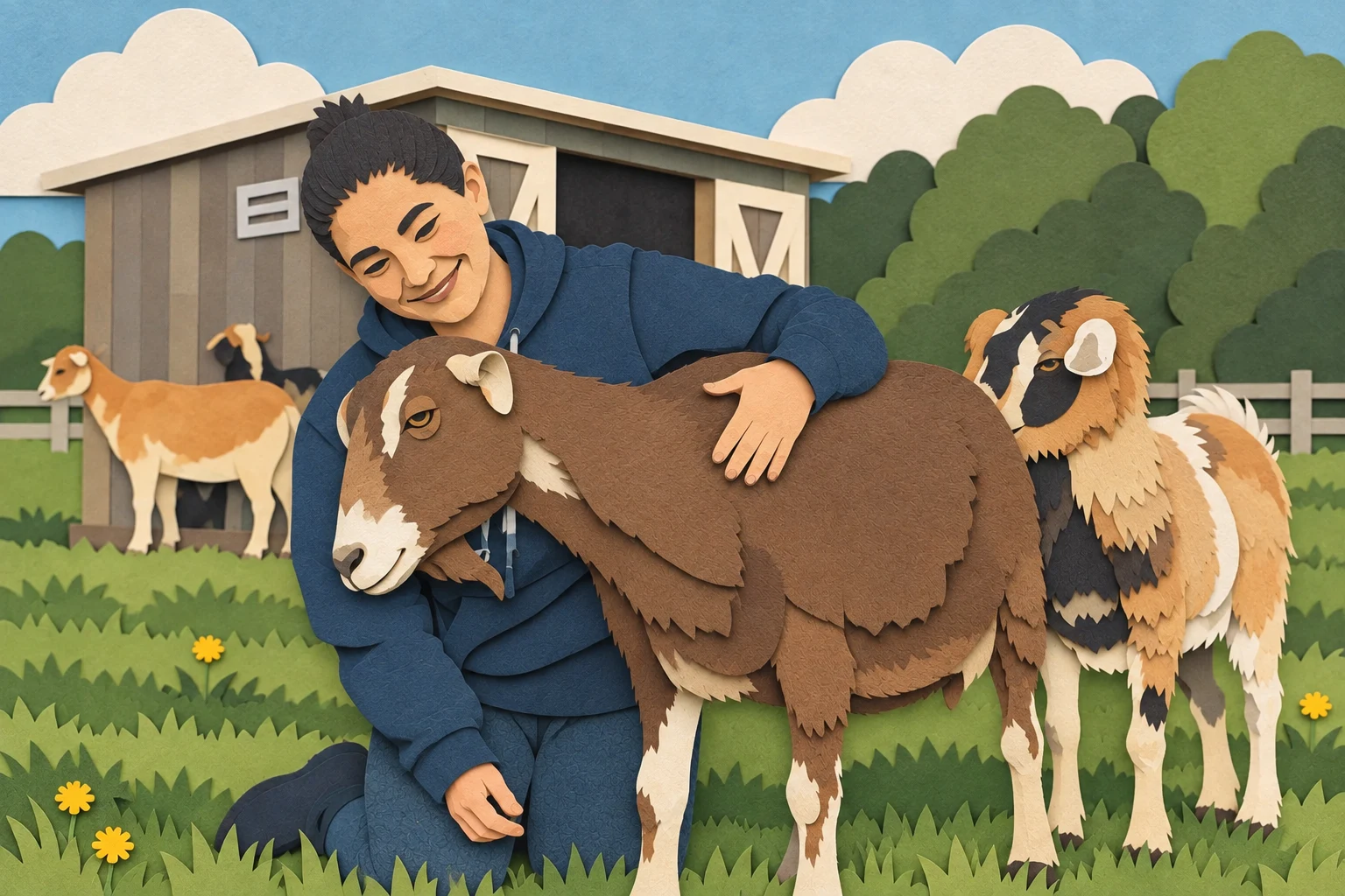 Paper-cut illustration of a Sweet Farm team member kneeling with goats in the pasture